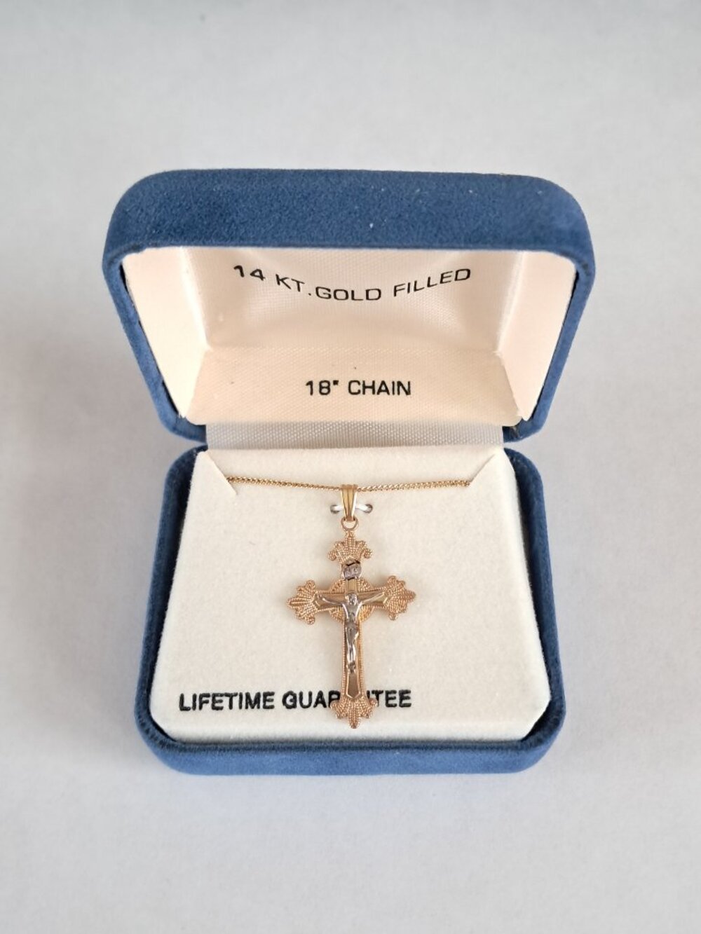 Vintage 14K Gold Filled Two Tone Cross Crucifix Pendant Necklace 18" New Estate